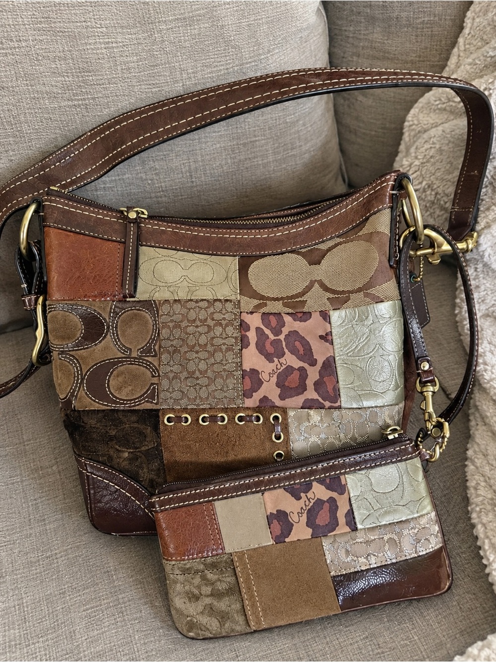 Coach Patchwork Leather & Canvas Shoulder Bag in Brown rare 2000s